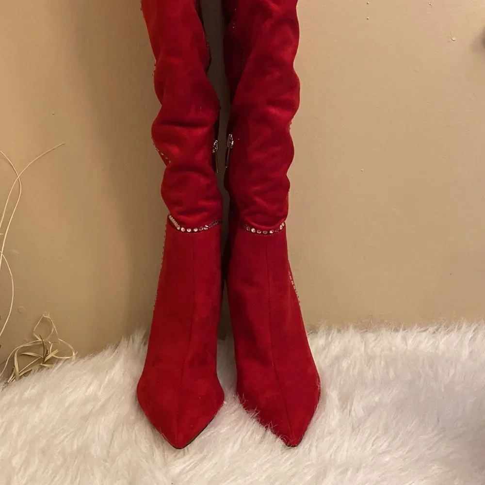 NWOT Jessica Simpson Women's Red Studded Pointed Toe Over Knee Boots Size: 9